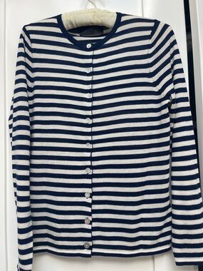 Zara Navy and White Striped Button-Up Cardigan